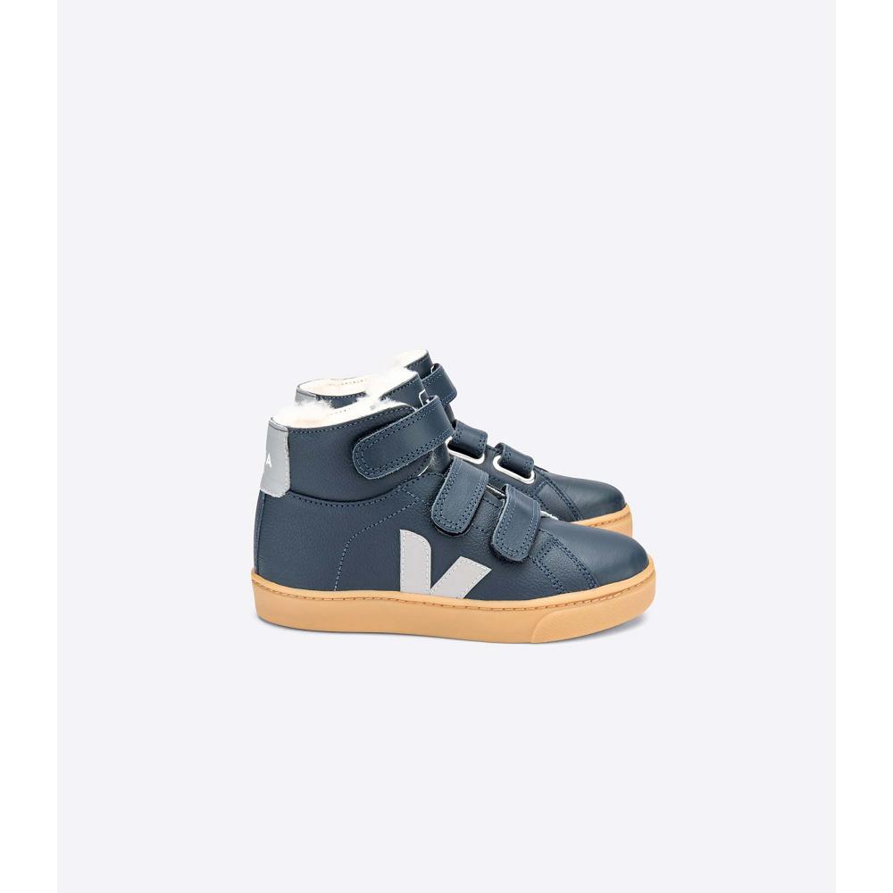 Kids\' Veja ESPLAR MID FURED LEATHER High Tops Navy | ZA 686EBC